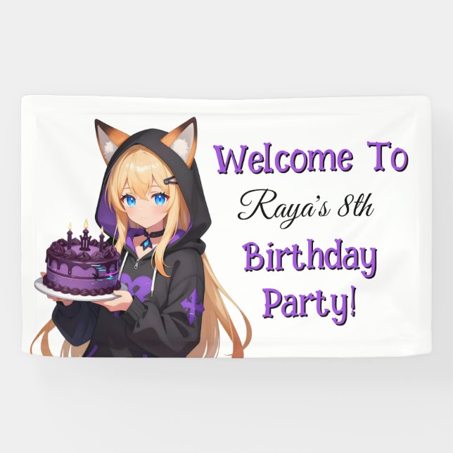 Cute Anime Girl's Birthday Party Banner (Horizontal)