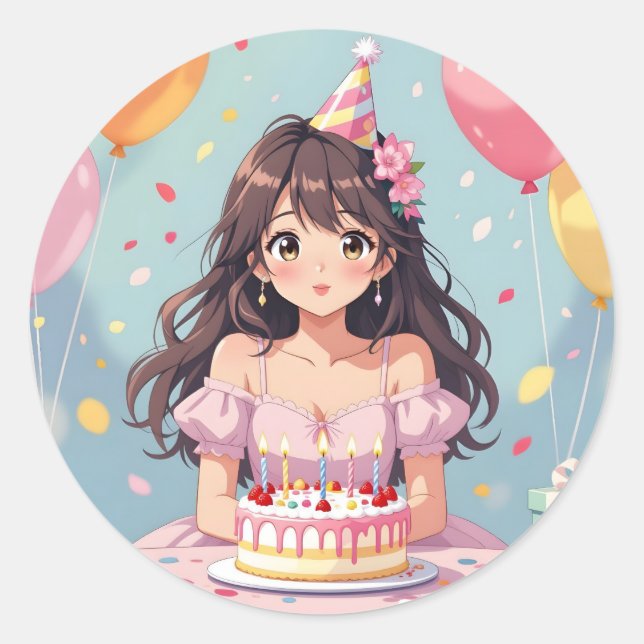 Cute Anime Girl's Birthday Party Classic Round Sticker (Front)