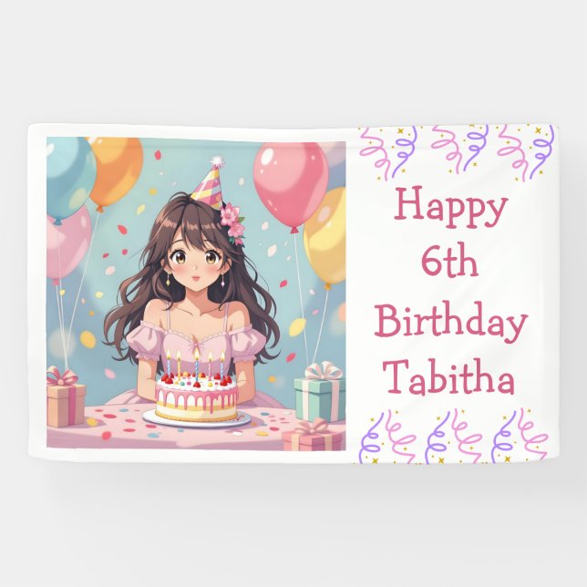 Cute Anime Girl's Birthday Party Personalized Banner (Horizontal)