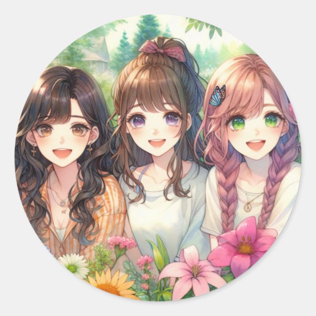 Cute Anime Girls  Classic Round Sticker (Front)