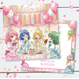 Cute Anime Girl's Ice Cream Birthday Party Invitation
