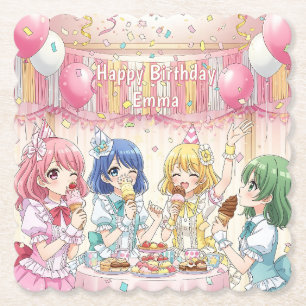 Cute Anime Girl's Ice Cream Birthday Party   Paper Coaster