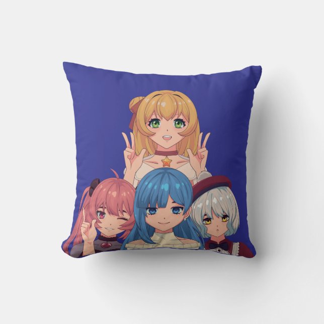 Cute Anime Girls Illustration Throw Pillow (Front)