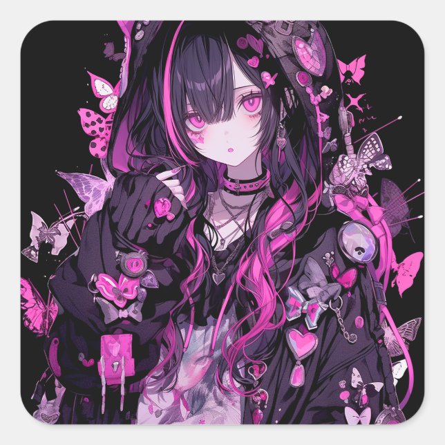 Cute Anime Goth Girl Square Sticker (Front)