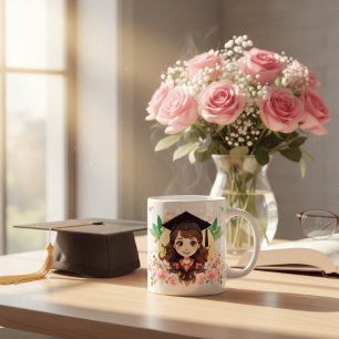 Cute Anime Graduation Girl Floral Watercolor Coffe Coffee Mug