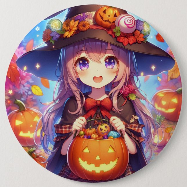 Cute Anime Halloween Witch 6 Inch Round Button (Front)
