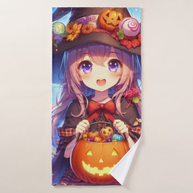 Cute Anime Halloween Witch Bath Towel (Bath Towel)