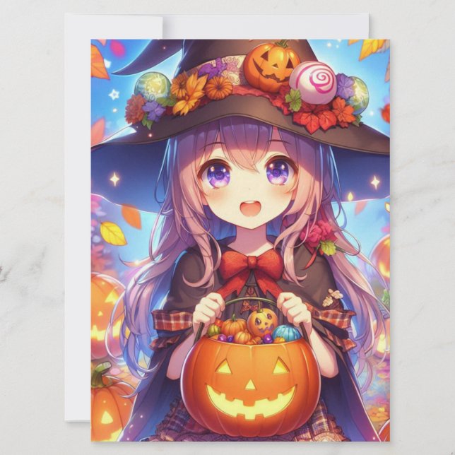 Cute Anime Halloween Witch Holiday Card (Front)