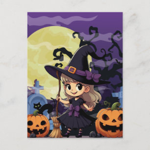 Cute Anime Halloween Witch Postcard