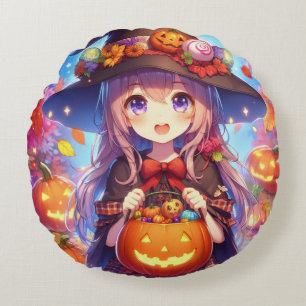 Cute Anime Halloween Witch Round Pillow