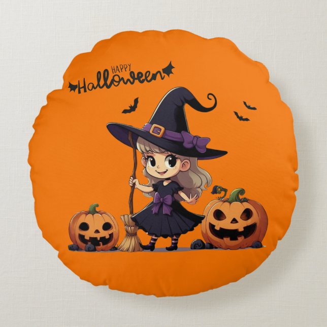 Cute, anime Halloween witch Round Pillow (Front)