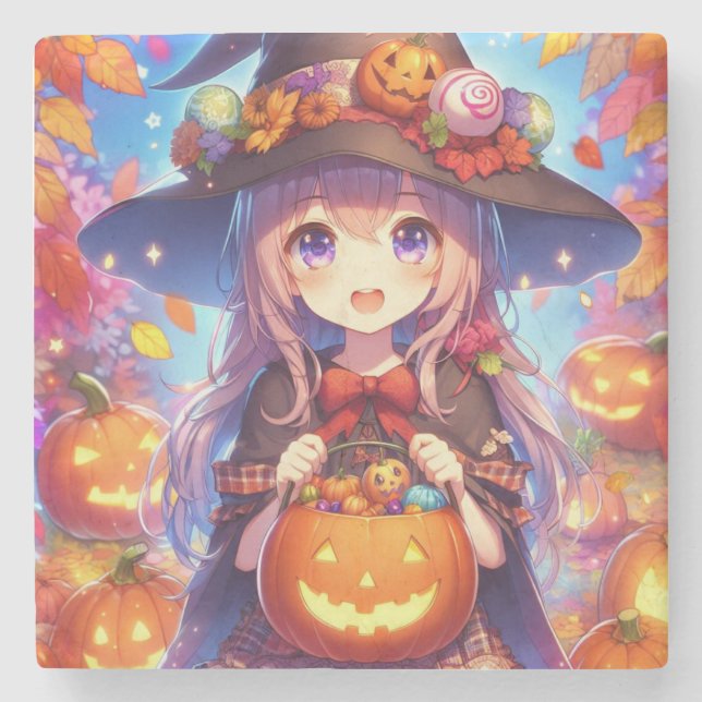 Cute Anime Halloween Witch Stone Coaster (Front)