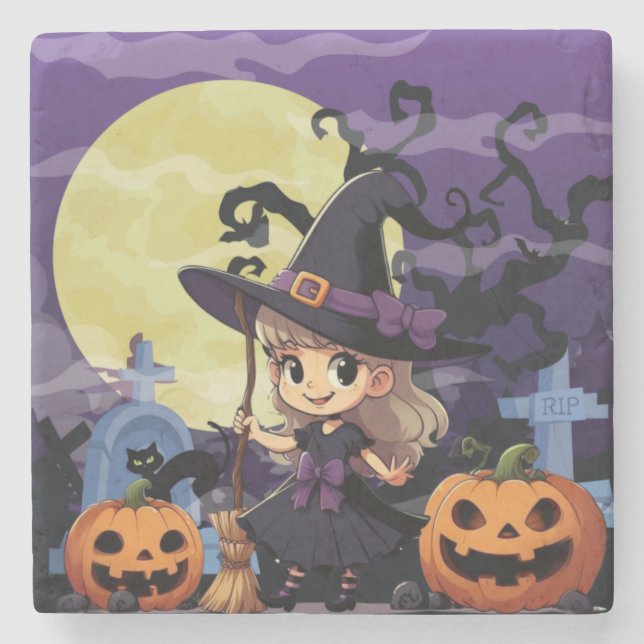 Cute Anime Halloween Witch Stone Coaster (Front)