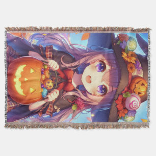 Cute Anime Halloween Witch Throw Blanket