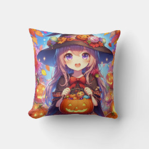 Cute Anime Halloween Witch Throw Pillow