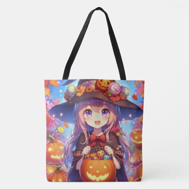 Cute Anime Halloween Witch Tote Bag (Front)