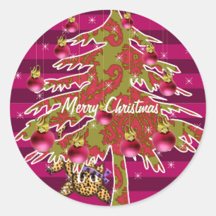Cute Anime Leopard Under Damask Christmas Tree Classic Round Sticker
