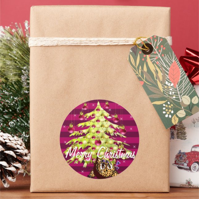Cute Anime Leopard Under Lime Christmas Tree Classic Round Sticker (Holiday)