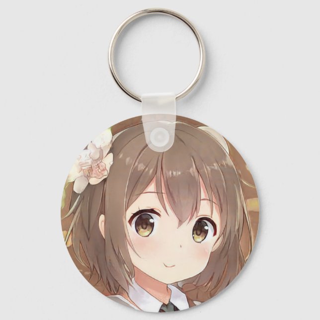 Cute anime manga girl brown hair hazel eyes flower keychain (Front)