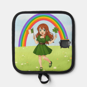 Cute anime redhead Saint Patrick's Day Pot Holder