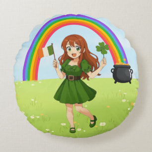 Cute anime redhead Saint Patrick's Day   Round Pillow