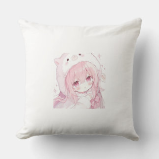 Cute Anime-Style Girl Throw Pillow
