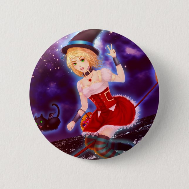 Cute anime witch girl with flying pet cats 2 inch round button (Front)