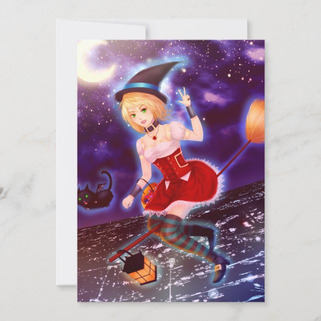 Cute anime witch girl with flying pet cats invitation (Front)