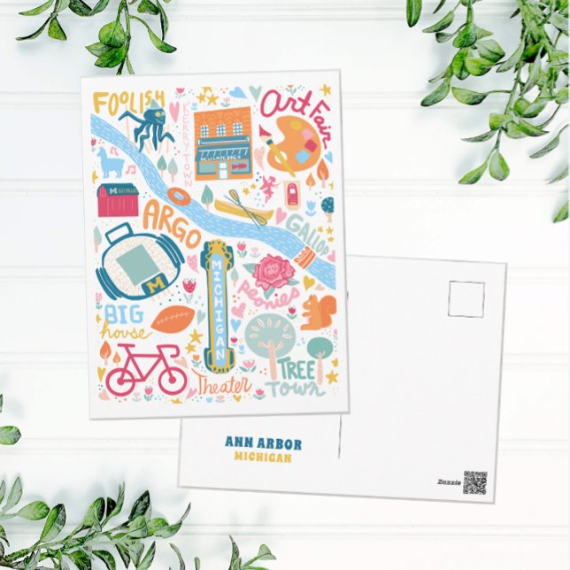 Cute Ann Arbor Michigan Favourite Things Map Postcard (Creator Uploaded)