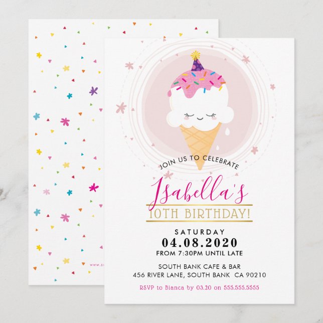 CUTE ANNIVERSAIRE INVITATION kawaii icecream cone (Devant / Derrière)