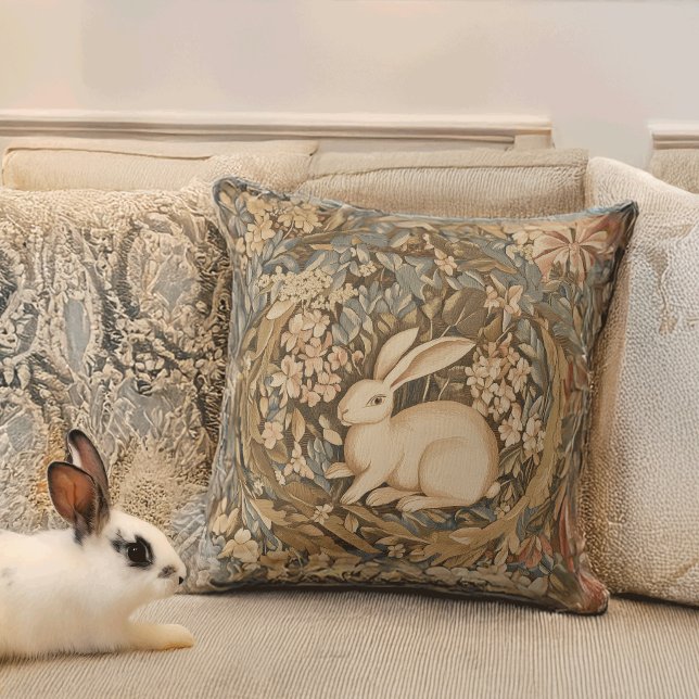 Cute Antique Rabbit in Medieval Tapestry Garden Throw Pillow (Creator Uploaded)