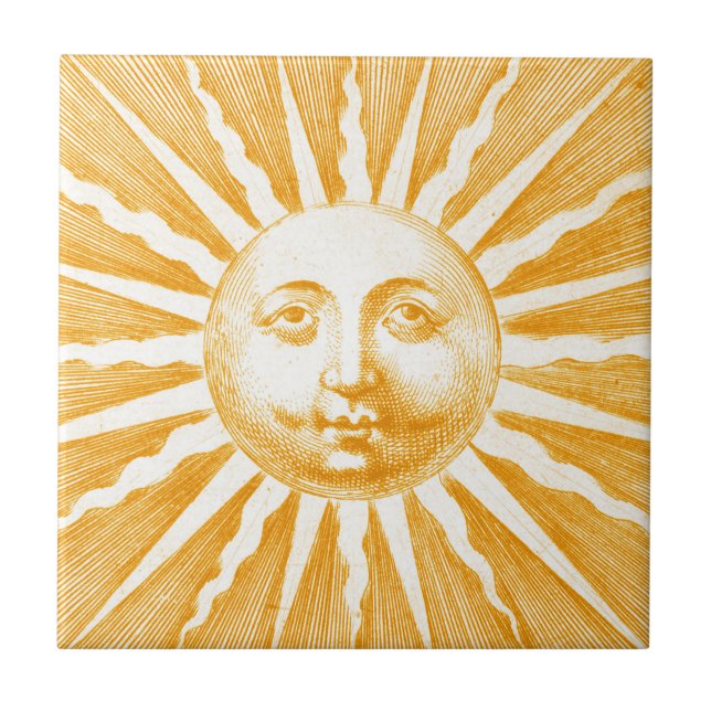 Cute Antique Vintage Gold Yellow Sun Face Tile (Front)