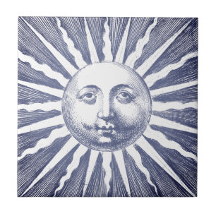 Cute Antique Vintage Navy Blue Sun Face Tile