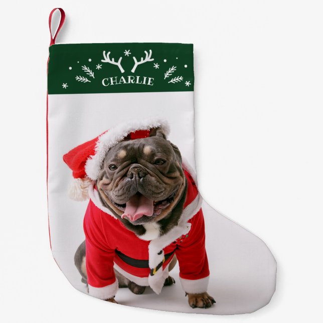 Cute Antlers And Snowflakes Custom Photo Pet Dog Small Christmas Stocking (Front)