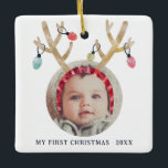 Cute Antlers First Christmas New Baby Ceramic Ornament<br><div class="desc">Celebrate your baby's first Christmas with a personalized ornament that you'll cherish for years to come! Our "My First Christmas" ornament features a delightful watercolor drawing of an antlers headband with Christmas lights. With space for a photo of your little one, this ornament is the perfect addition to your holiday...</div>