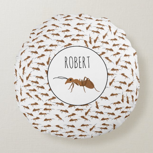 Cute Ants Pattern Custom Name Kids Round Pillow (Front)