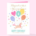 Cute Any Age Happy Birthday Unicorn Kids Name Card<br><div class="desc">Send some magical wishes on a special birthday with this cute personalized greetings card. A simple illustration of a little unicorn surrounded by balloons, hearts and stars. It features the birthday age and trendy script lettering with the words "Magical wishes & Unicorn kisses". Inside the card is a colourful rainbow...</div>