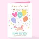 Cute Any Age Happy Birthday Unicorn Kids Name Card<br><div class="desc">Send magical wishes on a special birthday with this personalized greetings card. A cute unicorn surrounded by balloons, hearts and stars. This stylish template includes the phrase "Magical wishes & Unicorn Kisses" in trendy script, and is personalized with the recipient's name. Inside, a colourful rainbow and the message "Sending a...</div>