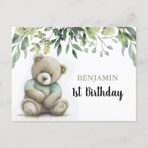 Cute Any Age Watercolor Teddy Bear Leaves Birthday Postcard