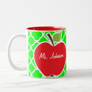 Cute Apple on Electric Green Quatrefoil Two-Tone Coffee Mug