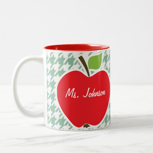 Cute Apple on Sea Green Houndstooth Two-Tone Coffee Mug (Left)