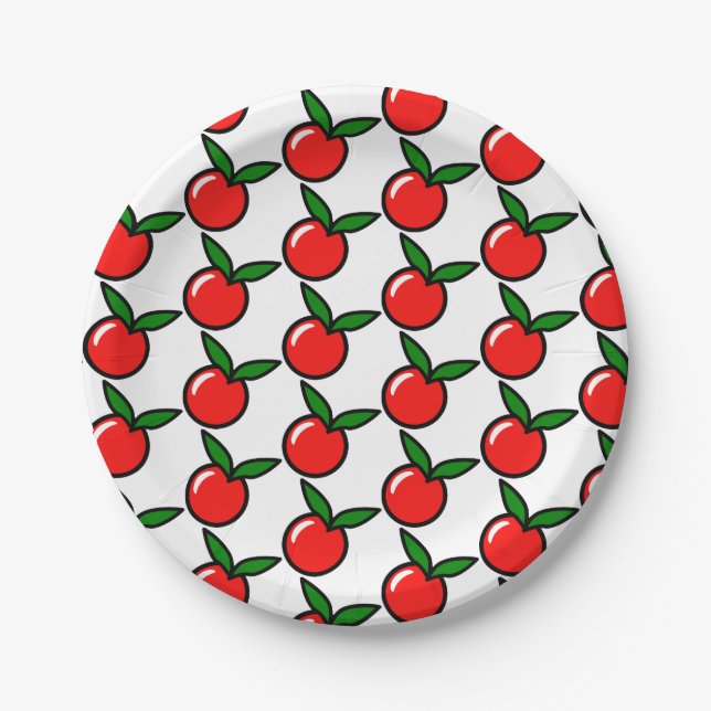 Cute Apple or Cherry, Fun Kitchen Fruit Cartoon Paper Plate (Front)