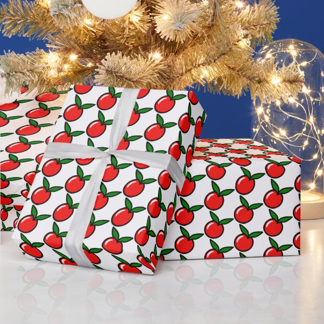 Cute Apple or Cherry, Fun Kitchen Fruit Cartoon Wrapping Paper (Holidays)