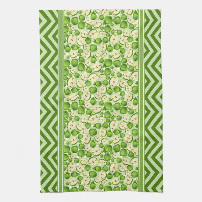 Cute Apple Slice Polka Dot & Chevron Green Kitchen Towel (Vertical)