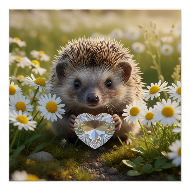 Cute April Hedgehog with Diamond Heart Poster (Front)