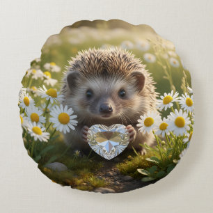 Cute April Hedgehog with Diamond Heart Round Pillow
