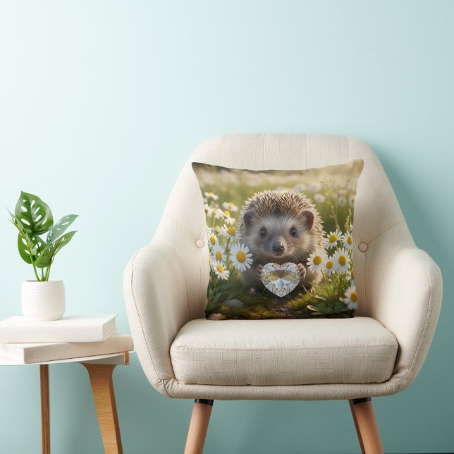 Cute April Hedgehog with Diamond Heart Throw Pillow (Chair)