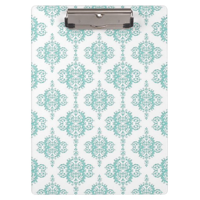 Cute Aqua and White Vintage Damask Pattern Clipboard (Front)