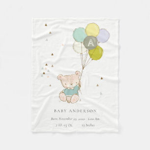Cute Aqua Bear Balloon Girly Monogram Baby Stat Fleece Blanket