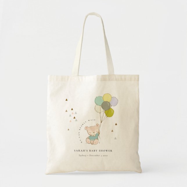 Cute Aqua Bearly Wait Bear Balloon Baby Shower Tote Bag (Front)